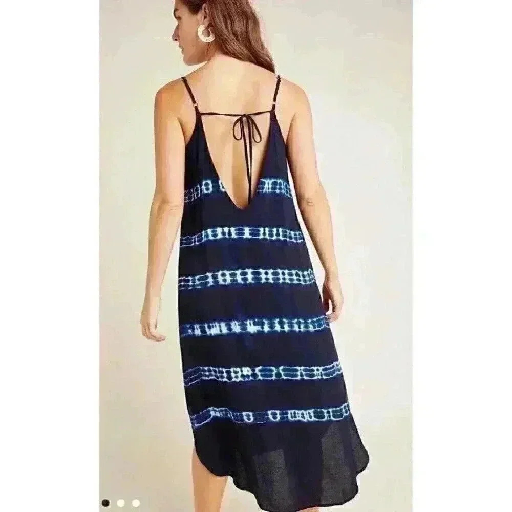 Anthropology Cloth & Stone Mia Tie-Dyed Midi Dress Navy & White Size Medium